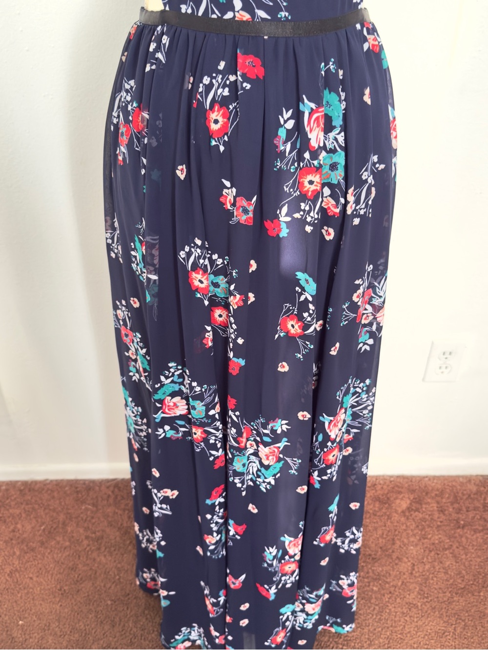 Express Floral Halter MaxiDress NavyBlue Caged Waist Cut Out Sexy Festival Small - Picture 3 of 9